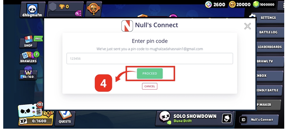 Bestätigungscode eingeben - Nulls Brawl Connect
